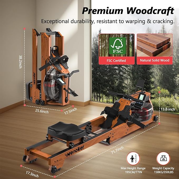 Water Rowing Machine for Home Use, WENOKER Wooden Foldable Rower Machine with Dedicated Monitor & Bluetooth APP, Large Water Tank & Comfortable Seat for Immersive Water Rower, 350LBS Weight Capacity