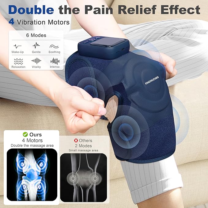 KingPavonini Cordless Knee Massager for Pain Relief, Newly 4 Motors Vibration, 5 Heat Levels, 6 Massage Modes, Knee Heating Pad for Knee Pain, Heated Knee Massager Brace, for Mom Dad (Blue 2.0)