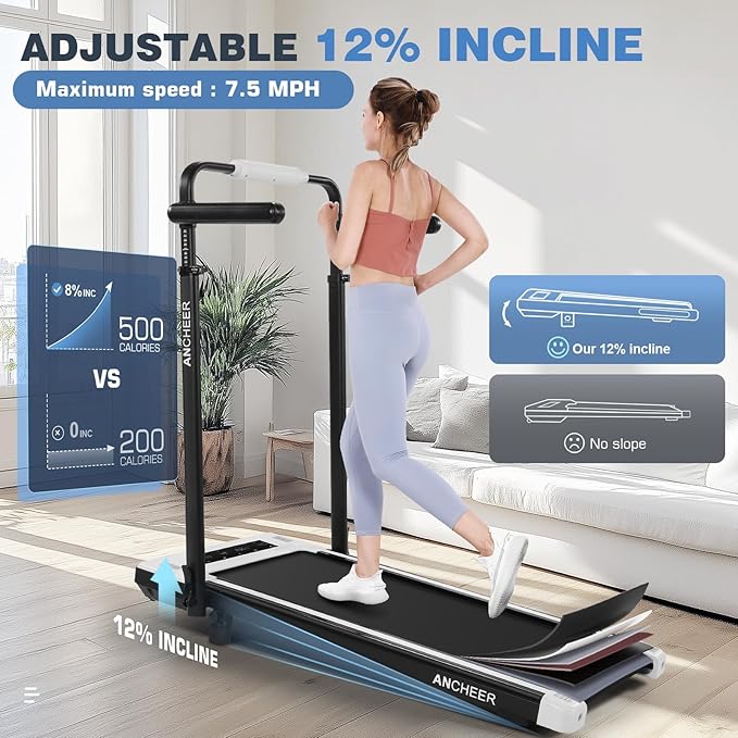 ANCHEER Treadmill with 12%/15% Incline, Folding Walking Pad with Handle Bar, 320-450lb Capacity Under Desk Foldable 3.5HP Treadmills for Home/Office/Gym,Installation-Free