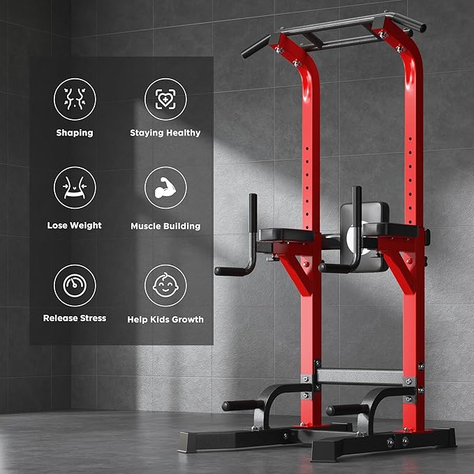 DlandHome Power Tower Pull Up Bar Station, Heavy Duty Adjustable Height for Home Gym Strength Training Equipment 330LBS Weight Capacity, Pull Up Dip Station