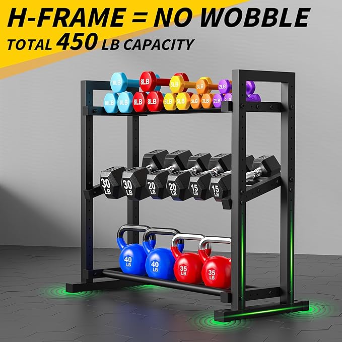 3-Tier Adjustable Dumbbell Rack, Weight Rack for Home Gym Storage, Heavy Duty Weight Stand for Dumbbells, Kettlebells & Free Weights, Space-Saving Dumbbell Rack Stand Only(Up to 450LB Capacity)