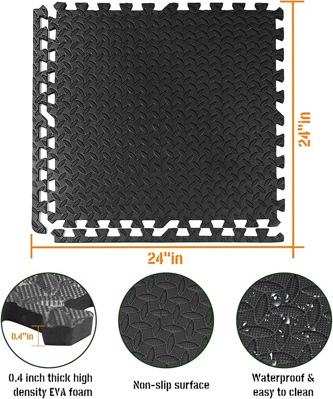 GWT Home Gym Flooring Tiles, EVA Interlocking Puzzle Exercise Mat for Workout Equipment, Floor Protection & Kids Play Area, Black Foam Tiles, 24"x24", 0.4 Inches Thick Covers 48 Sq Ft (12 Tiles)