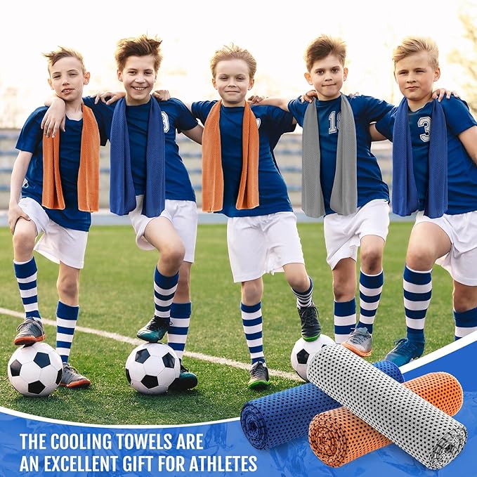 Hosuly 12 Pieces Cooling Towels for Hot Weather Soft Breathable Cold Towel Yoga Towels for Sweat, Sports, Workout, Fitness, Gym, Running, Travel Camping, 12 x 40 Inch (Dark Blue, Light Gray, Orange)