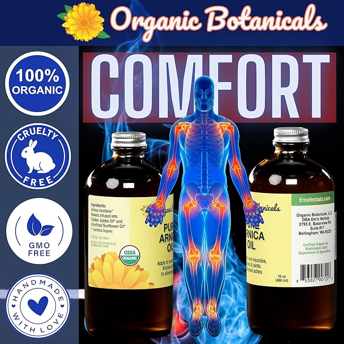 Arnica Oil - Pure Organic Muscle Discomfort Bottle - Arnica Montana Oil for Arthritis, Bruising & Swelling, Muscle, Joint Discomfort, and Sports Injuries, Arnica Massage Oil, 16 oz
