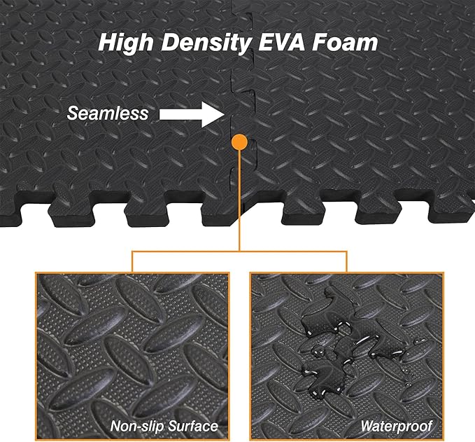 Mat Block APM36001BK-1 Torin Interlocking Foam Exercise Floor Mats: 144 SQ FT, 1/2 inch, 36 Tiles, EVA Gym Mat Flooring, Exercise Equipment Mat for Home Gym Equipment, Black