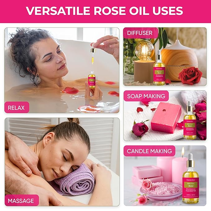 Rose Essential Oil 4 Oz - 100% Natural - Infused with Olive & Sunflower Oils - Organic Rose Oil for Skin, Soap Making, Candle Making, Diffuser, & Aromatherapy