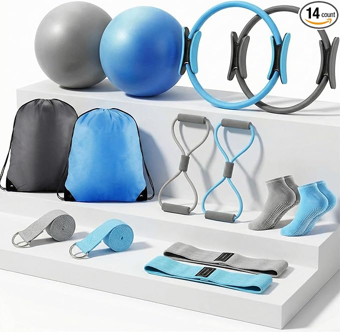 Poen Pilates Equipment Kit for Home Workout Pilates Ring and Ball Set for Women 12'' Circle Yoga Fitness Essentials Kit with Resistance Bands, Yoga Strap, Socks,Bag