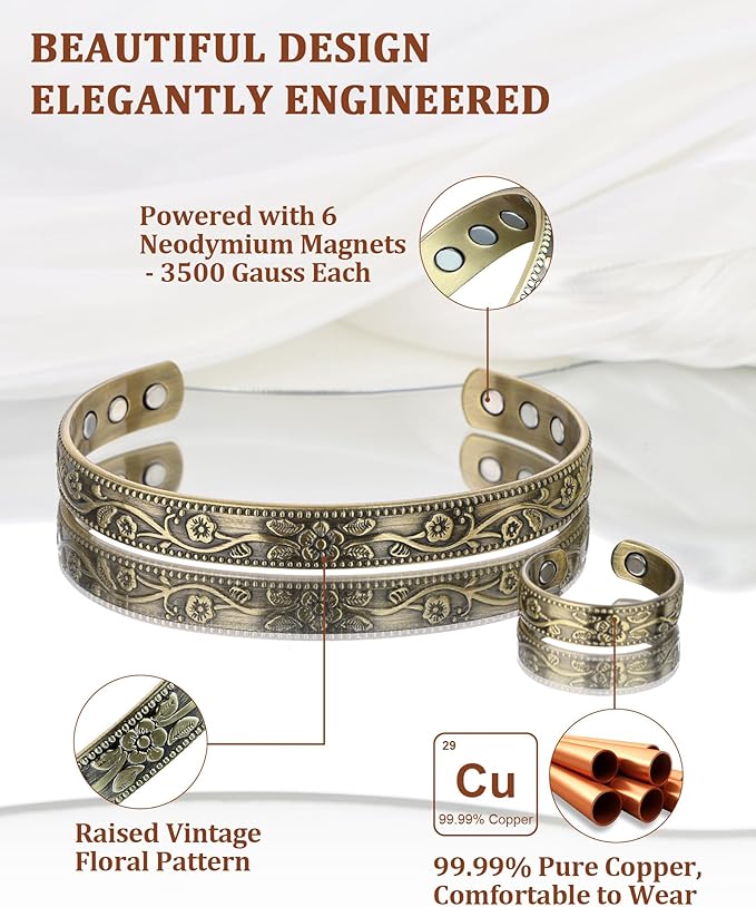 BioMag Copper Bracelet & Ring for Women, 99.99% Pure Copper Magnetic Bracelet Lymphatic Drainage Rings with 3500 Gauss Magnets, Adjustable & Flower Pattern (Antique Bronze Tone)