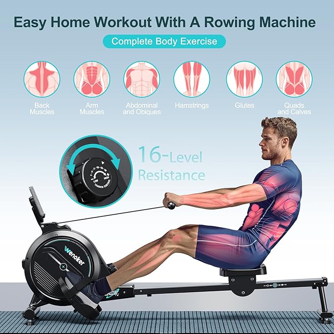 Rowing Machine for Home, Magnetic Rower Machine, 350 LB Weight Capacity, 16-Level Silent Resistance Row Machine for Gym Exercise Full-Body Workout Compact Rower with LCD Monitor Tablet Holder