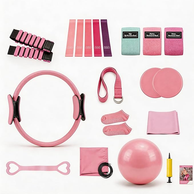 Pilates Kit for Women, Pilates Equipment Set for Home Workout with 14.5" Pilates Ring and Ball, Resistance Bands, Adjustable Ankle Wrist Weights, Core Sliders, Grip Socks & Carry Bag