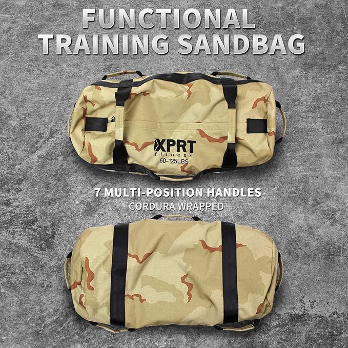 XPRT Fitness Workout Sandbag for Heavy Duty Workout Cross Training 7 Multi-positional Handles - Color Army Green/Black/Camo