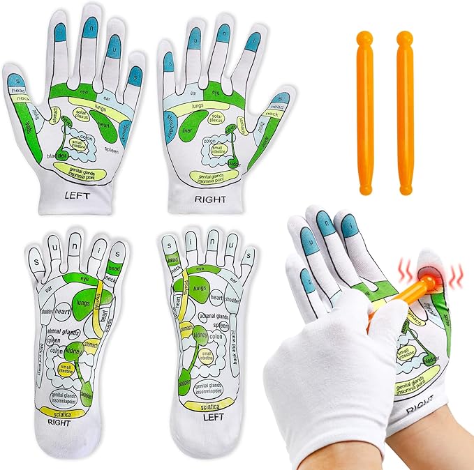 4PCS Reflexology Socks and Gloves Tool Set, Hand Spa and Foot Massage With Rod for Women and Men Tired Relieve