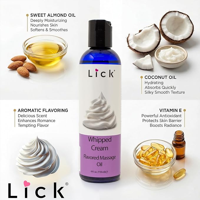 Lick Whipped Cream Flavored Massage Oil – Light Dessert-Inspired Edible Massage Oil, Body-Safe Formula with Vitamin E, Silky Glide for Couples Massage Moments, 4 oz