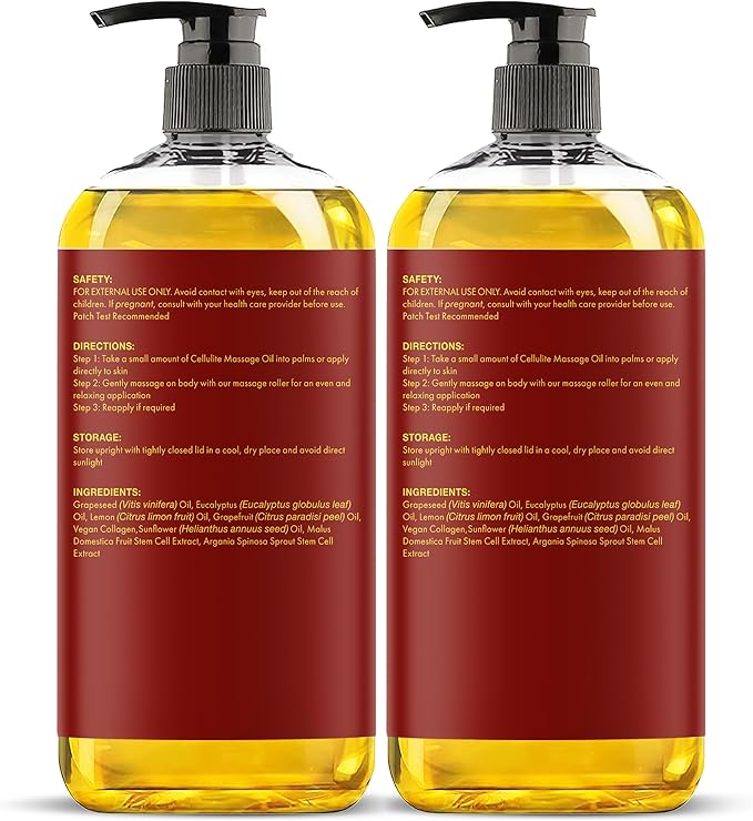 Majestic Pure Cellulite Massage Oil for Massage Therapy- Refreshing and Relaxing- Natural Oils with Grapeseed, Eucalyptus & Lemon Oil- All Skin Types- Men and Women Massage Lotion- 8 fl oz (Pack of 2)