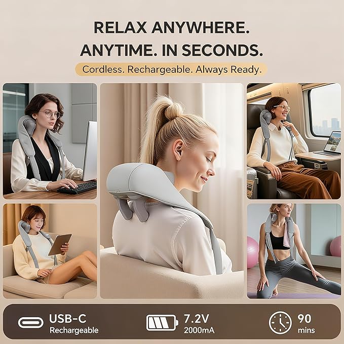 Shiatsu Neck and Shoulder Massager with Heat, Cordless Rechargeable, Hand-Free/Handheld, Deep Tissue Pain Relief for Trapezius, Portable for Home/Office/Travel, Ideal Gift for Women/Men