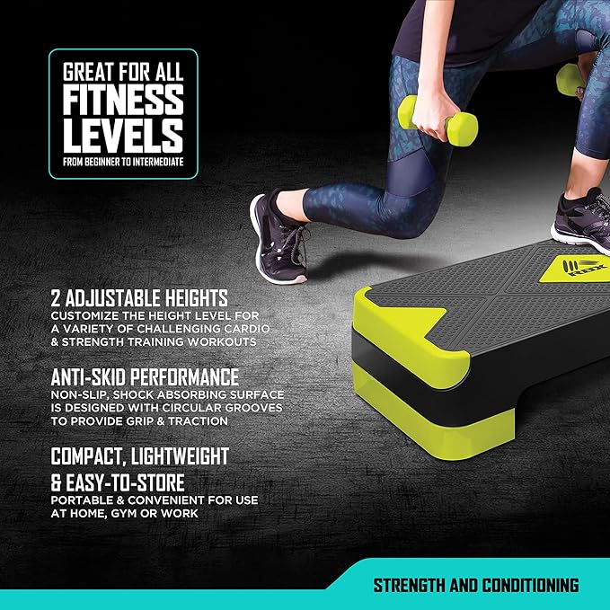 RBX Aerobic Step Platform with Non-Slip Textured Surface -2-Level Adjustable Steppers for Exercise, Compact, Lightweight, Easy-to-Store Exercise Step & Fitness Step Bench