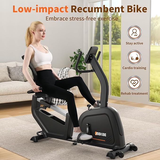 JEEKEE Recumbent Exercise Bike for Seniors,Stationary Bikes for Home, 400LB Capacity & 16 Levels Magnetic Resistance, Heart Rate Handle