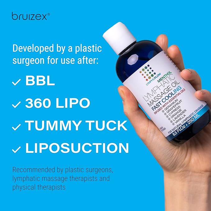 Bruizex Lymphatic Drainage Massage Oil with Arnica & Menthol for After Procedure Body Care & Lymphatic Drainage Massager, Liposuction, 360 Lipo, BBL, Tummy Tuck Body Massage, Cooling Formula - 8.5 Oz