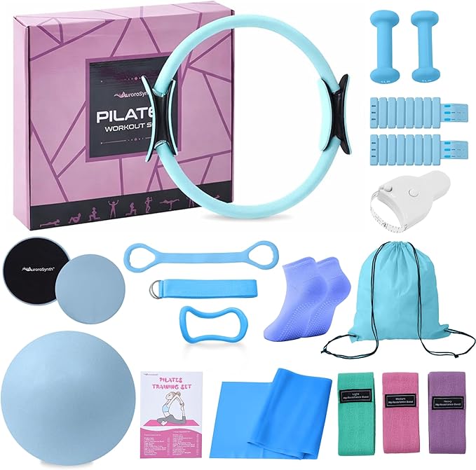 Home Pilates Kit Pilates Equipment Set, Better Yoga Pilates Essentials Kit for Women with 14.5" Pilates Ring, Ball, Resistance Bands, Ankle Weights, Dumbbells, Sliders, Stretch Band, Yoga Strap Socks
