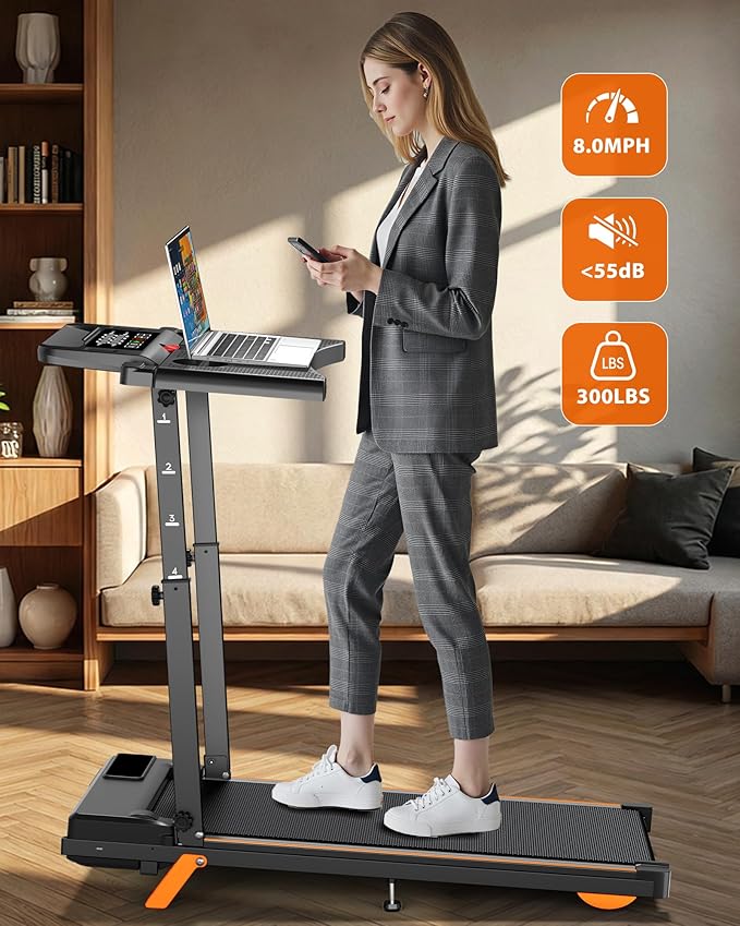 12% Incline Treadmill with Desk Workstation, 8.0MPH/3.5HP Portable Treadmill with Handle, 300LBS Weight Capacity Compact Walking Pads for Home, Small Spaces, Console with Big LED Display