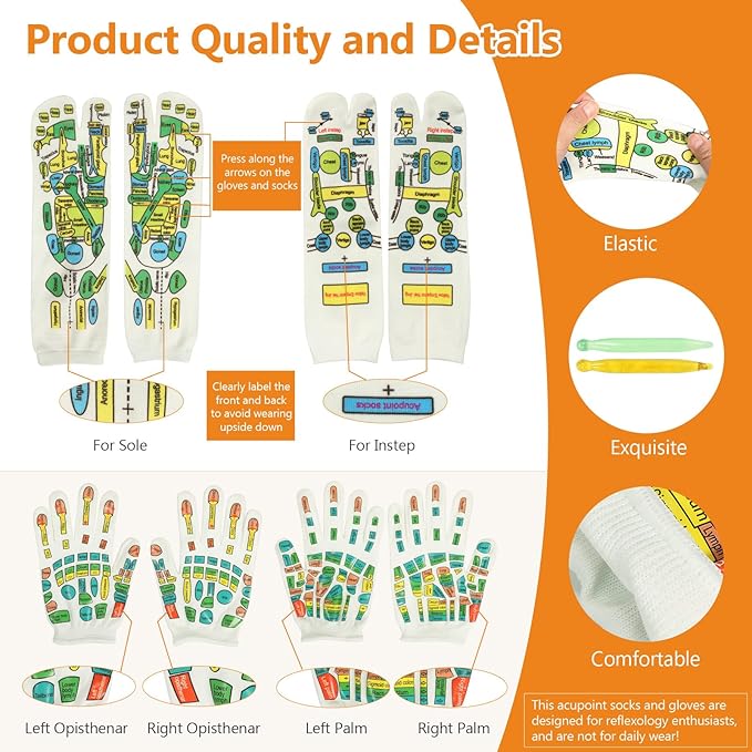 Reflexology Socks and Gloves for Hand Foot Massage, with 2 Acupressure Pens, Women's Size - Soothing and Relaxing Therapy, Pain Relief, Improve Circulation - Health and Personal Care