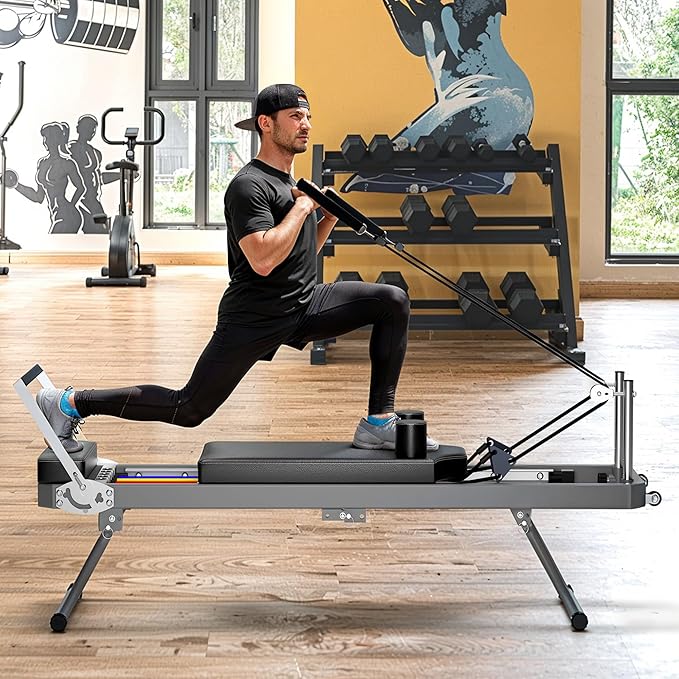 Foldable Pilates Reformer Machine with Jump Board & Dual Resistance – Adjustable Home Gym Equipment for Full-Body Workout, 400 lbs Capacity, Suitable for Beginners & Advanced Users, Black