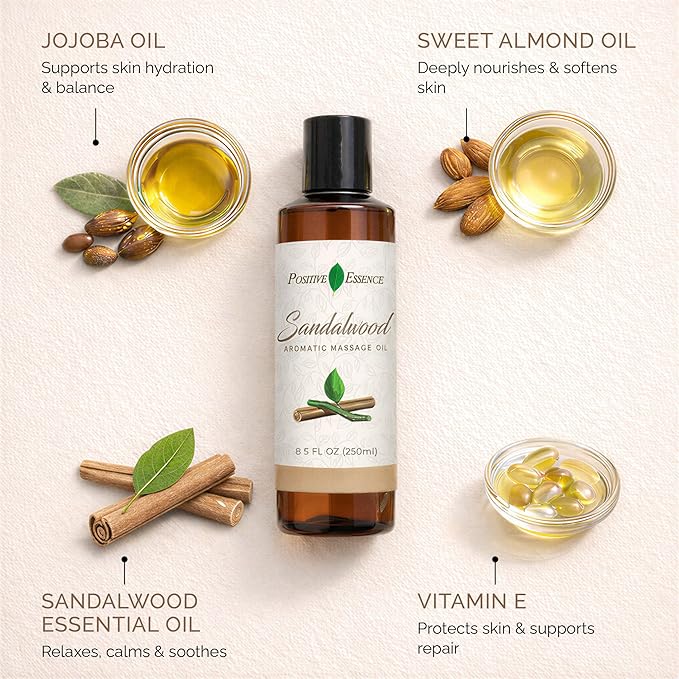 Sandalwood Massage Oil, Made with Jojoba, Vitamin E and Pure Sandalwood Essential Oil, Natural Body & Mind Relaxation, Aromatic