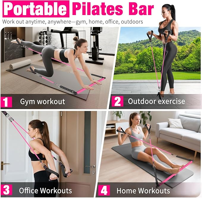 Pilates Bar Kit with Resistance Bands,Pilates Bar with Stackable Bands Workout Equipment for Legs,Hip,Waist and Arm,Exercise Fitness Equipment for Women & Men Home Gym Yoga Pilates