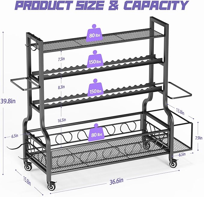PARTPHONER Adjustable Dumbbell Rack, Weight Rack for Home Gym Storage, Home Gym Storage for Stores Dumbbells, Kettlebells and Yoga Mats, All in One Workout Storage Racks with Wheels and Hooks, Durable Powder Coated Steel