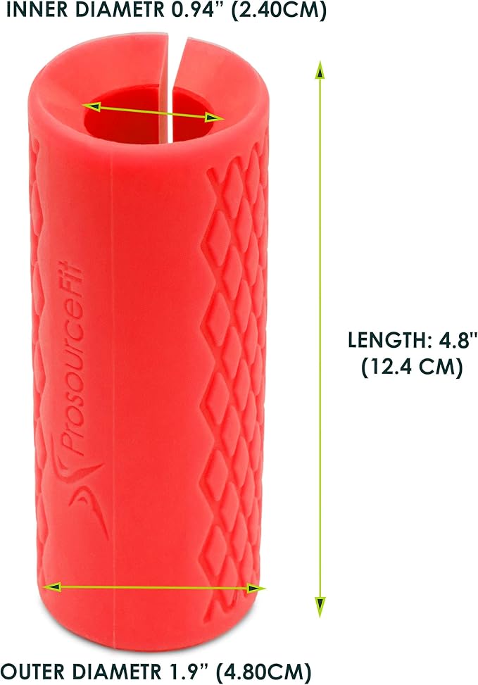 ProsourceFit Thick Grips for Dumbbell and Barbell, 1.9-in Axle Bar Adapter for Weightlifting and Strength Training (Red)