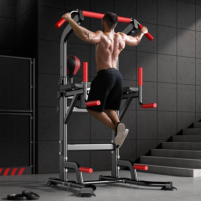 SogesPower Power Tower Pull Up Bar Station Multi-Function Adjustable Height Workout Dip Station Strength Training Equipment for Home Gym Fitness Equipment with Boxing Speed Ball & Rotating Target 400LBS