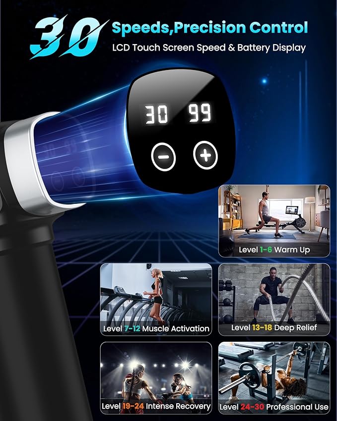 Massage Gun Deep Tissue, Portable Percussion Electric Muscle Massager for Pain Relief, Handheld Massagers with 30 Speeds & 6 Attachments for Back and Neck, Gifts for Men Women