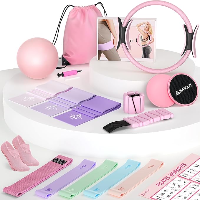 Pilates Kit, Home Pilates Workout Kit for Women, Pilates Equipment with 14.5" Pilates Ring and Ball, Resistance Bands, Ankle Weights, Sliders & Grip Socks Accessories for Starter Home Workouts