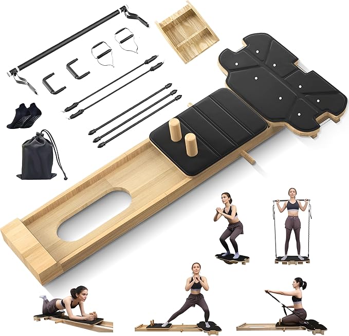Pilates Reformer Machine,Wooden Foldable Pilates Board, Multifunctional Stable Pilates Reformer Board for Home Workout, Three Level Tension Adjustment, 6 in 1 Pilates Equipment for Woman