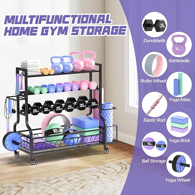 PARTPHONER Adjustable Dumbbell Rack, Weight Rack for Home Gym Storage, Home Gym Storage for Stores Dumbbells, Kettlebells and Yoga Mats, All in One Workout Storage Racks with Wheels and Hooks, Durable Powder Coated Steel