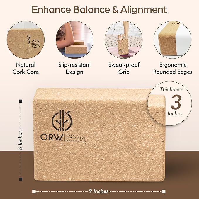 ORW Cork Yoga Block – FSC Natural Cork, 9”x6”x3”, 1.5 lb Dense Stability Block, Non-Slip Grip, REACH Tested