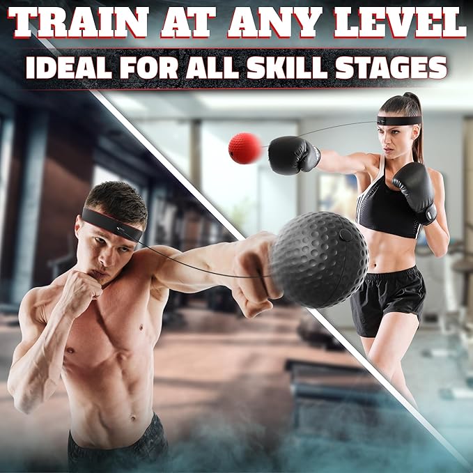 Boxing Reflex Balls Set - 4 Same Weight Color Balls, 2 Adjustable Headbands for Reaction Time Training, Hand-Eye Coordination, Hand Speed and Focus | Beginner to Advanced Drills, Boxing Training Kit