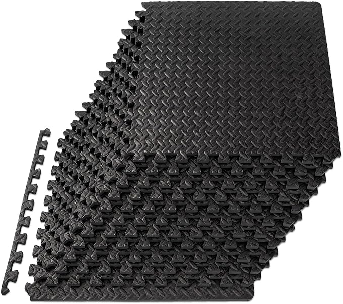 Mat Block APM36001BK-1 Torin Interlocking Foam Exercise Floor Mats: 144 SQ FT, 1/2 inch, 36 Tiles, EVA Gym Mat Flooring, Exercise Equipment Mat for Home Gym Equipment, Black