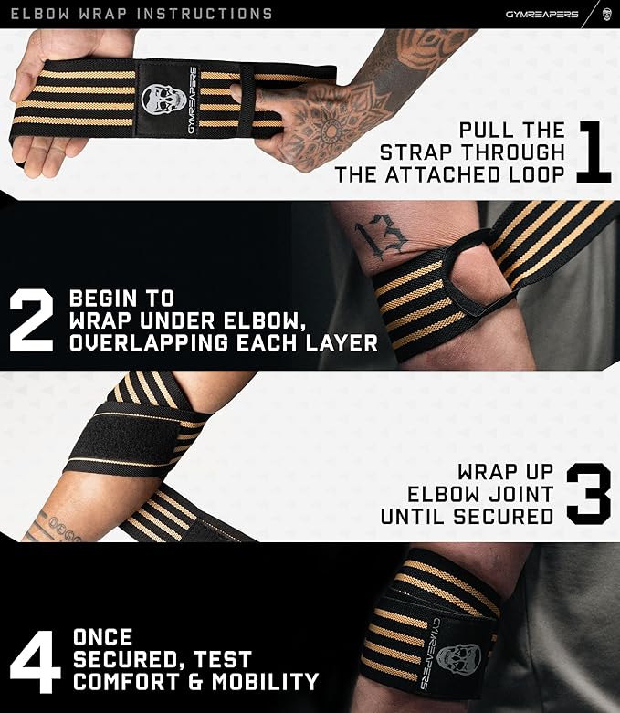 Gymreapers Weightlifting Elbow Wraps (1 Pair) - Flexible 40'' Elbow Compression Strap & Joint Support Brace - for Bench Press, Powerlifting, and Pressing