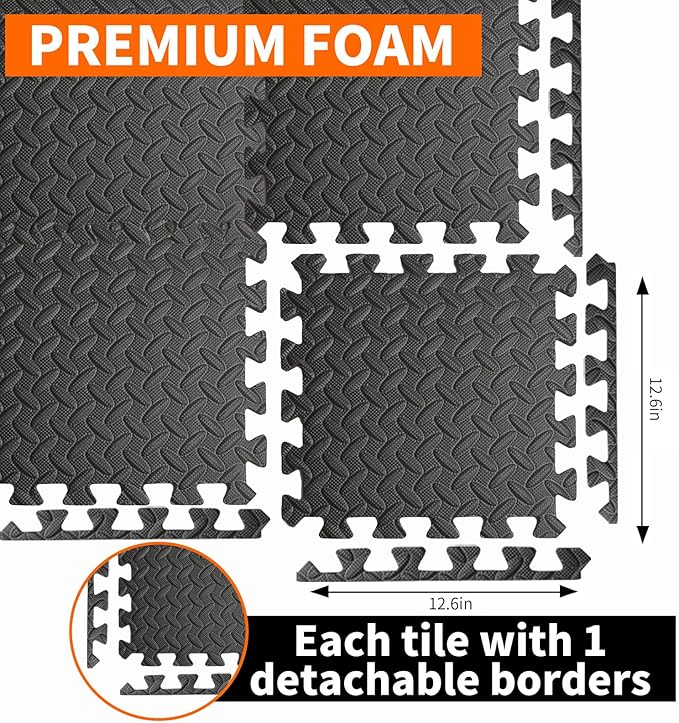 18 Pack Interlocking Gym Flooring Mats for Home Gym, 0.4 Inch Thick Non-Slip EVA Foam Puzzle Exercise Tiles with Edge Strips, Shock Absorption for Workout, Yoga, Treadmill, Garage, Basement