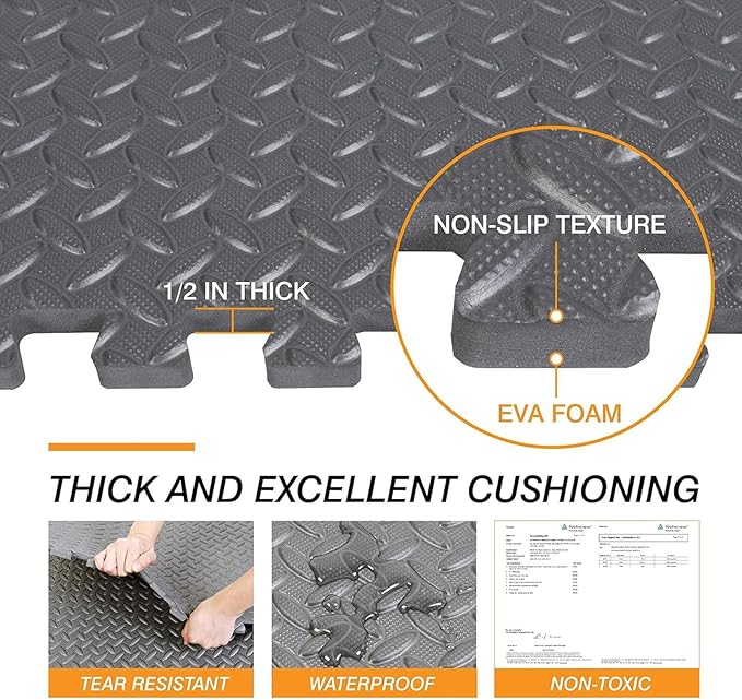 Mat Block APM002GY-2 Torin Interlocking Foam Tiles Puzzle Mats: EVA Gym Mat Flooring Exercise Equipment Mat for Home Gym Equipment, 24 SQ FT, 1/2 inch Thick, 6 Tiles, Grey