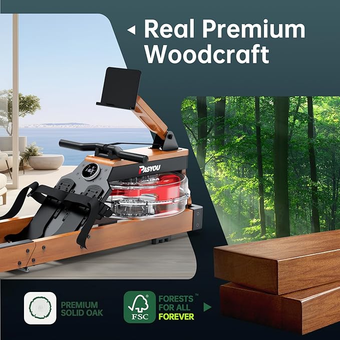 PASYOU Water Rowing Machine for Home – Oak Wood Foldable Rower, 350 LBS Capacity, 6-Level Adjustable Resistance, 14L Water Tank, Smart Monitor & Tablet Holder, Bluetooth with Kinomap App