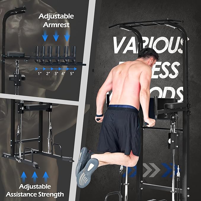 Dland Power Tower Dip Station Pull Up Bar Exercise Tower, Multi-Function Adjustable Training Equipment for Home Gym, Strength Training Workout Equipment, Black