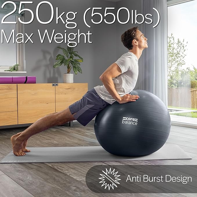 Core Balance Exercise Ball, Stability Ball for Yoga, Pilates and Fitness, Gym Ball for Home Gym and Office Chair, Training, Physical Therapy, Anti Burst, Pump Included, 55cm 65cm 75cm 85cm