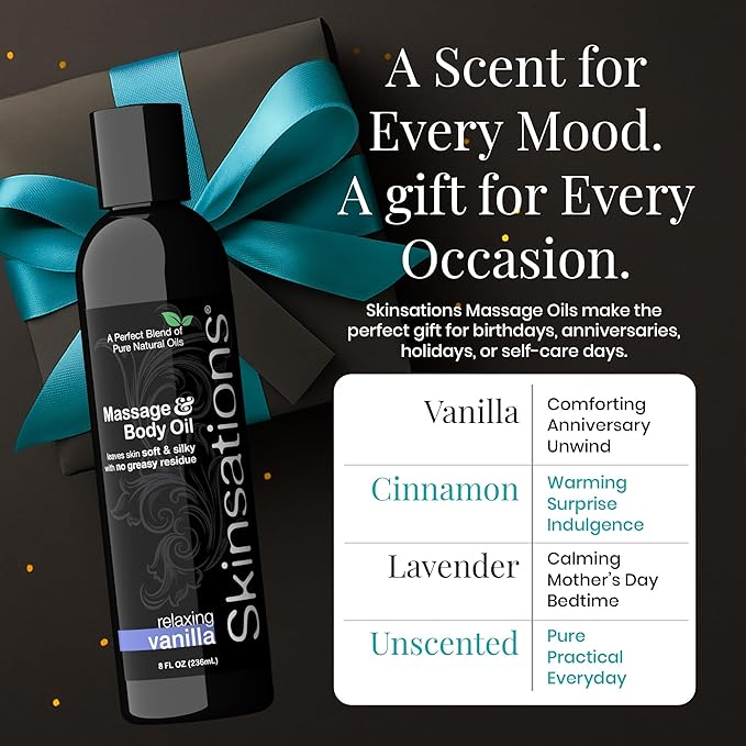 Skinsations – Vanilla Massage Oil for Couples – Relaxing Aromatherapy Body Oil for Massage Therapy – Sweet Almond, Coconut, Jojoba & Grapeseed Blend