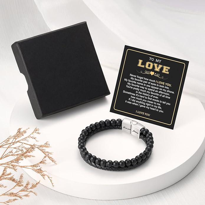 LUXEJEW Gifts for Men - Beaded Leather Bracelet 6mm Matte Agate Stone Bracelets for Men Dad Son Husband Boyfriend Grandpa Grandson Brother Uncle Nephew Adjustable Magnetic Clasp