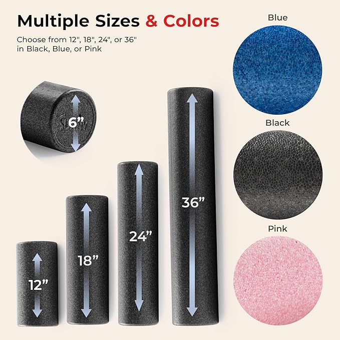 Sunny Health & Fitness High-Density Foam Roller 12" to 36", for Stretching & Muscle Recovery – Black, Blue, Pink
