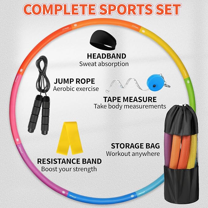 Weighted Exercise Hoop for Adults, 2.2lb&2.8lb Adjustable Fitness Hoop, 8 Detachable Hoop Sections with Jump Rope & Storage Bag, Home Gym Workout