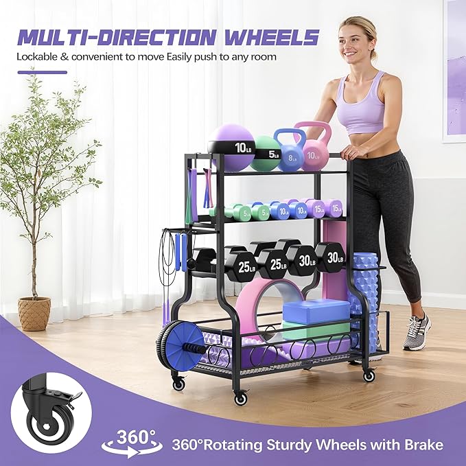 PARTPHONER Adjustable Dumbbell Rack, Weight Rack for Home Gym Storage, Home Gym Storage for Stores Dumbbells, Kettlebells and Yoga Mats, All in One Workout Storage Racks with Wheels and Hooks, Durable Powder Coated Steel