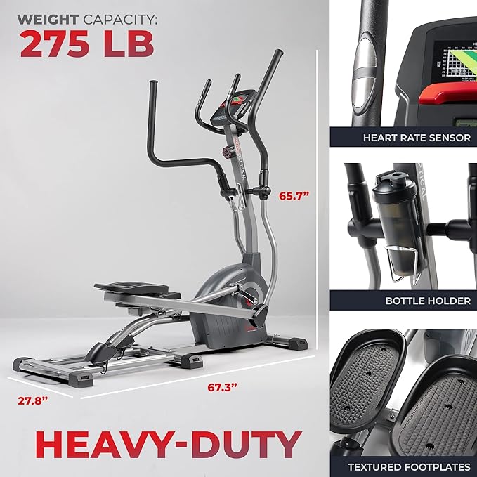 Sunny Health & Fitness Elliptical Exercise Machine, Silent Training, Long Stride Full Body Workout, Adjustable Resistance, Pulse Sensor, SunnyFit App via Bluetooth, Electric or Manual